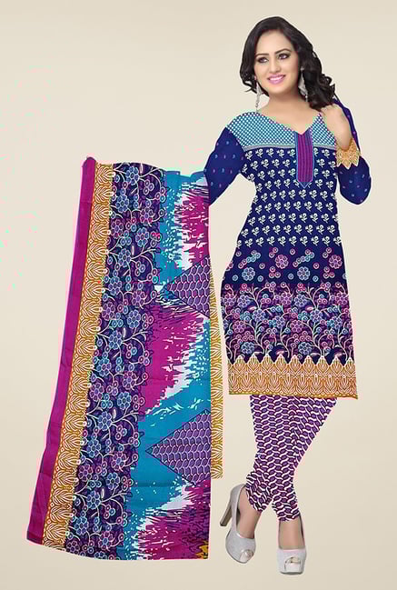 Triveni Navy & Purple Floral Print Dress Material Triveni Navy & Purple Floral Print Dress Material