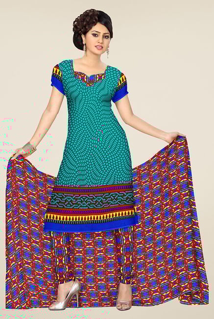Triveni Teal & Red Printed Dress Material Triveni Teal & Red Printed Dress Material