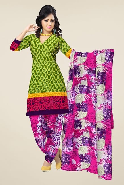 Triveni Green & Pink Printed Dress Material Triveni Green & Pink Printed Dress Material