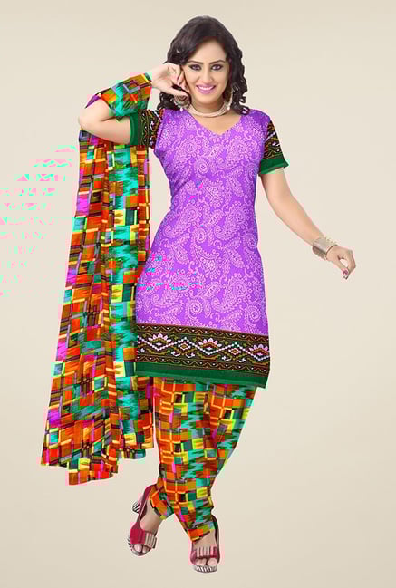 Triveni Purple & Orange Paisley Print Dress Material Triveni Purple & Orange Paisley Print Dress Material