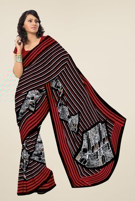 Triveni Black & Maroon Striped Faux Georgette Saree Triveni Black & Maroon Striped Faux Georgette Saree