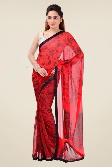 Triveni Red Floral Print Faux Georgette Saree Triveni Red Floral Print Faux Georgette Saree