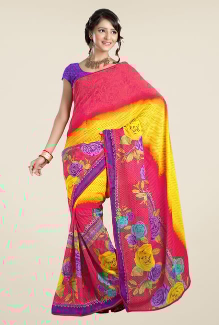 Triveni Pink & Yellow Printed Faux Georgette Saree Triveni Pink & Yellow Printed Faux Georgette Saree