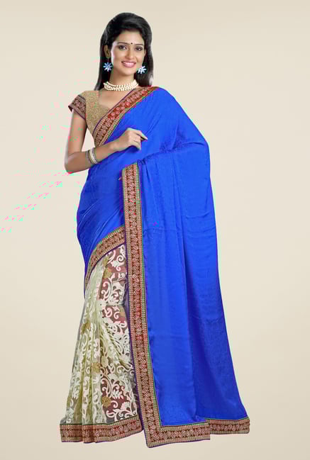 Triveni Beige & Blue Embroidered Crepe Jacquard Saree Triveni Beige & Blue Embroidered Crepe Jacquard Saree