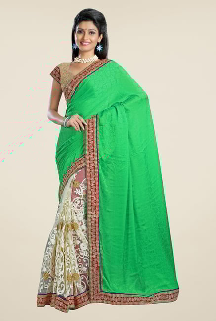 Triveni Off White & Green Embroidered Net Saree Triveni Off White & Green Embroidered Net Saree