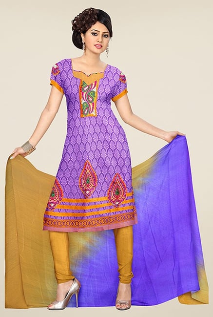 Triveni Purple & Mustard Printed Dress Material Triveni Purple & Mustard Printed Dress Material