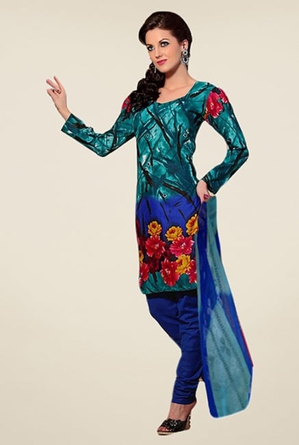 Triveni Teal & Blue Floral Print Dress Material Triveni Teal & Blue Floral Print Dress Material