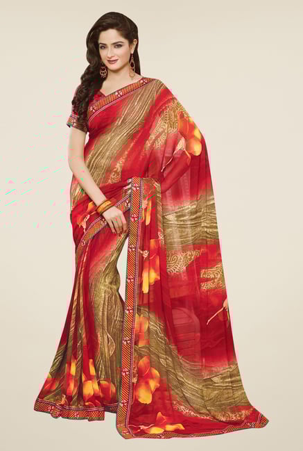 Triveni Beige & Red Printed Faux Georgette Saree Triveni Beige & Red Printed Faux Georgette Saree