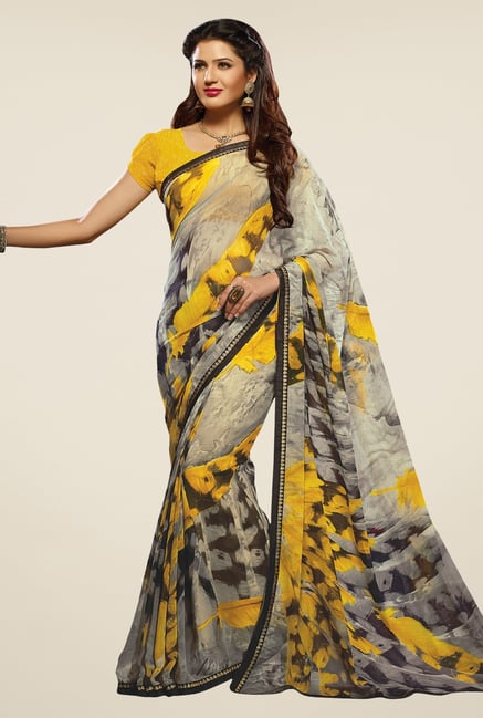 Triveni Grey & Yellow Printed Faux Georgette Saree Triveni Grey & Yellow Printed Faux Georgette Saree