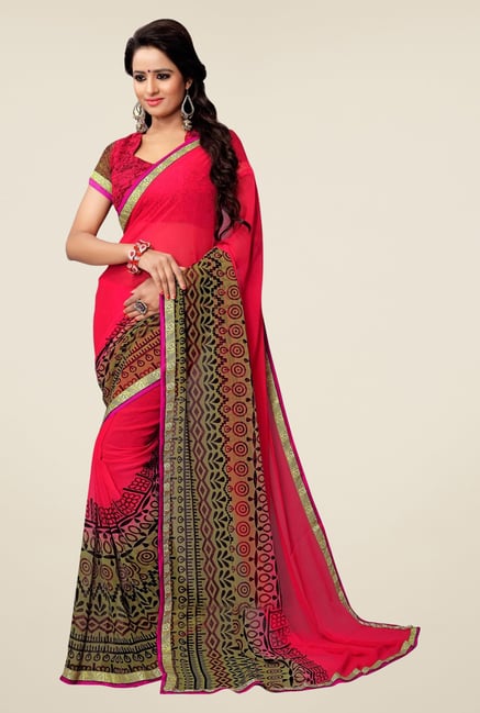 Triveni Pink & Olive Printed Faux Georgette Saree Triveni Pink & Olive Printed Faux Georgette Saree