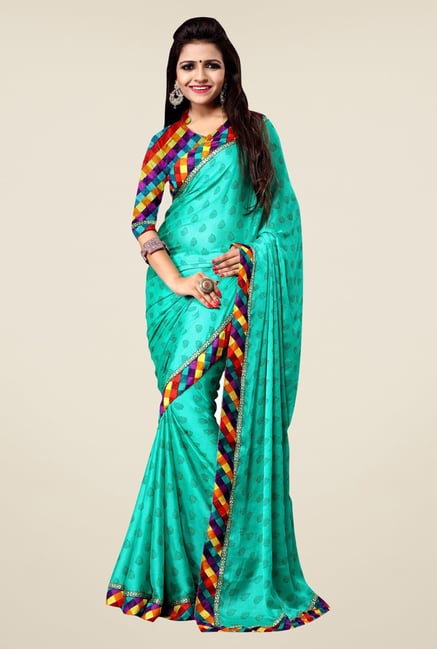 Triveni Turquoise Block Print Faux Georgette Saree Triveni Turquoise Block Print Faux Georgette Saree
