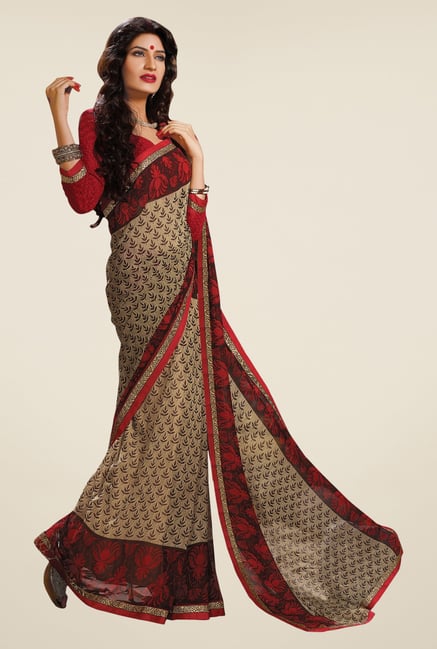 Triveni Beige & Maroon Printed Faux Georgette Saree Triveni Beige & Maroon Printed Faux Georgette Saree