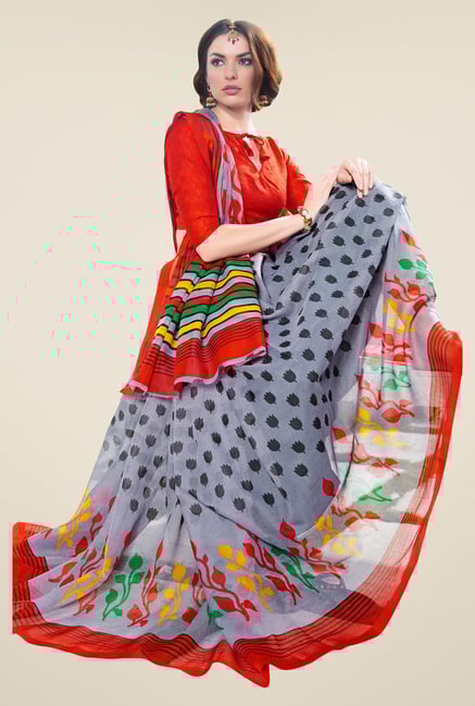 Triveni Grey Printed Supernet Saree Triveni Grey Printed Supernet Saree