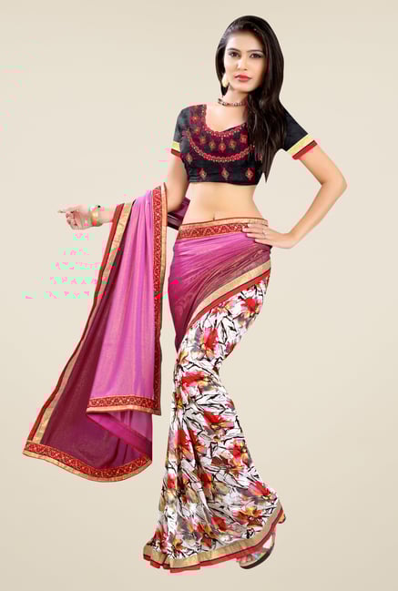 Triveni Off White & Pink Printed Faux Georgette Saree Triveni Off White & Pink Printed Faux Georgette Saree