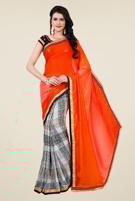 Triveni Off White & Orange Printed Faux Georgette Saree Triveni Off White & Orange Printed Faux Georgette Saree