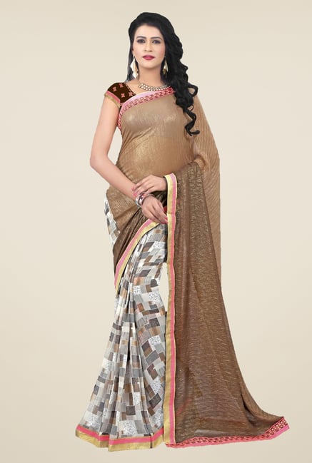 Triveni Grey & Brown Printed Faux Georgette & Shimmer Saree Triveni Grey & Brown Printed Faux Georgette & Shimmer Saree