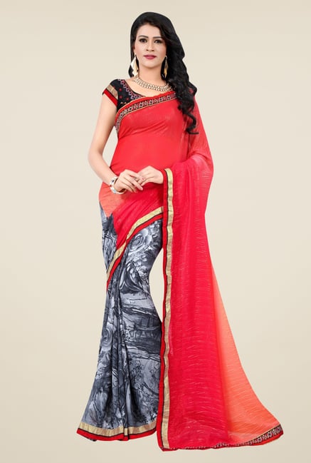 Triveni Grey & Coral Floral Print Saree Triveni Grey & Coral Floral Print Saree