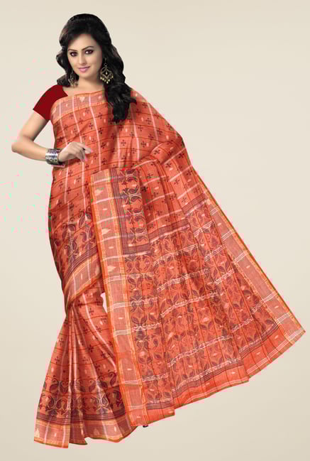Triveni Orange Printed Cotton & Silk Saree Triveni Orange Printed Cotton & Silk Saree