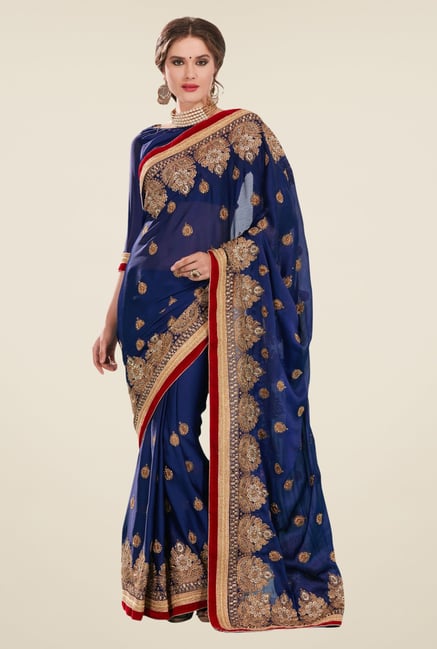 Triveni Navy Embroidered Satin & Chiffon Saree Triveni Navy Embroidered Satin & Chiffon Saree