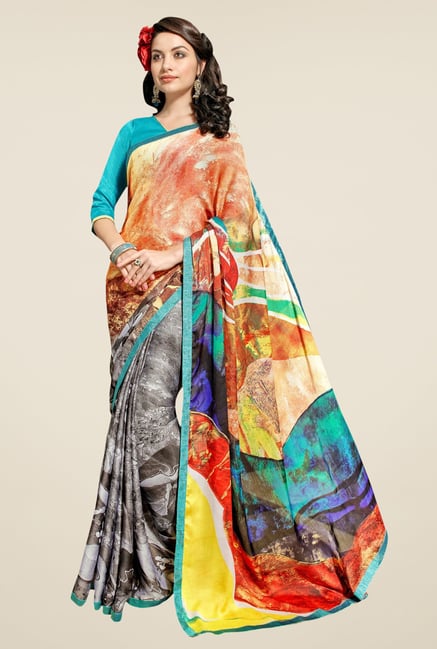 Triveni Grey & Orange Printed Satin & Chiffon Saree Triveni Grey & Orange Printed Satin & Chiffon Saree