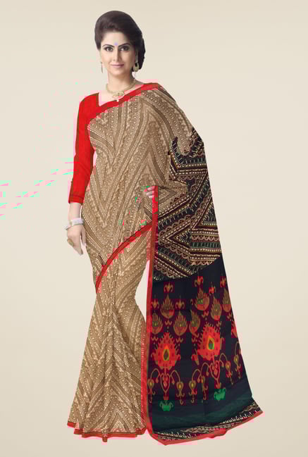 Triveni Beige Printed Satin & Chiffon Saree Triveni Beige Printed Satin & Chiffon Saree