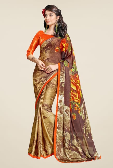 Triveni Beige & Brown Printed Satin & Chiffon Saree Triveni Beige & Brown Printed Satin & Chiffon Saree