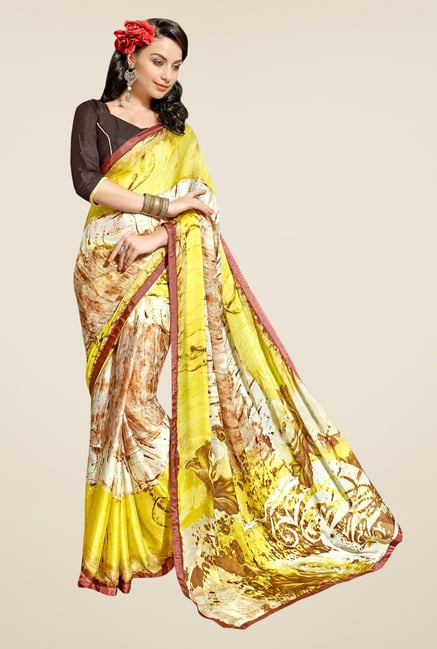 Triveni Beige & Yellow Printed Satin & Chiffon Saree Triveni Beige & Yellow Printed Satin & Chiffon Saree