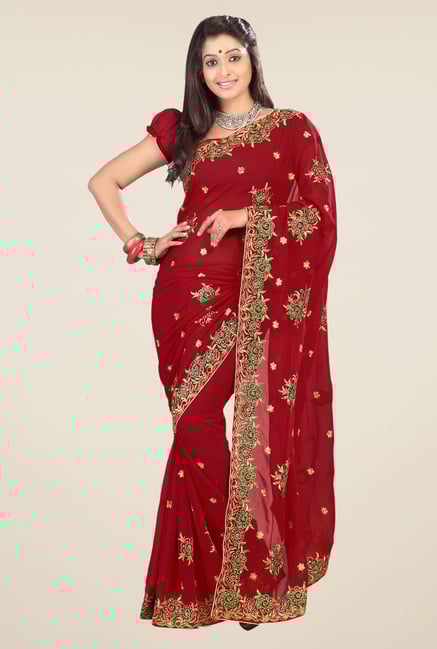 Triveni Maroon Embroidered Faux Georgette Saree Triveni Maroon Embroidered Faux Georgette Saree