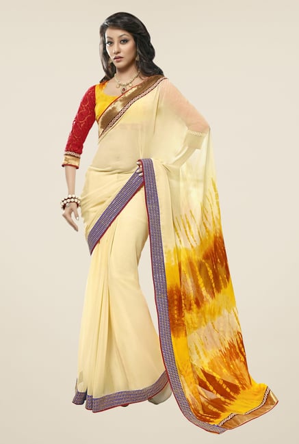 Triveni Cream Printed Chiffon Saree Triveni Cream Printed Chiffon Saree