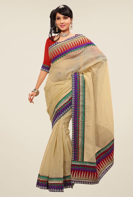 Triveni Beige Embroidered Cotton & Silk Saree Triveni Beige Embroidered Cotton & Silk Saree