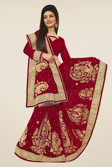 Triveni Maroon Embroidered Faux Georgette Saree Triveni Maroon Embroidered Faux Georgette Saree