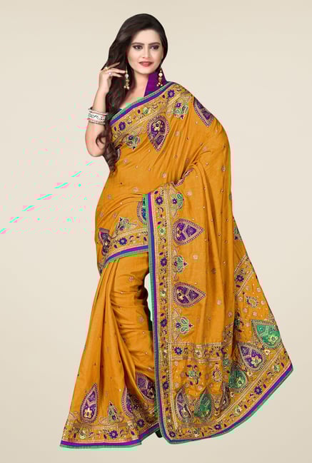 Triveni Mustard Embroidered Art Silk Saree Triveni Mustard Embroidered Art Silk Saree