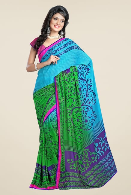 Triveni Blue & Green Printed Chiffon Saree Triveni Blue & Green Printed Chiffon Saree