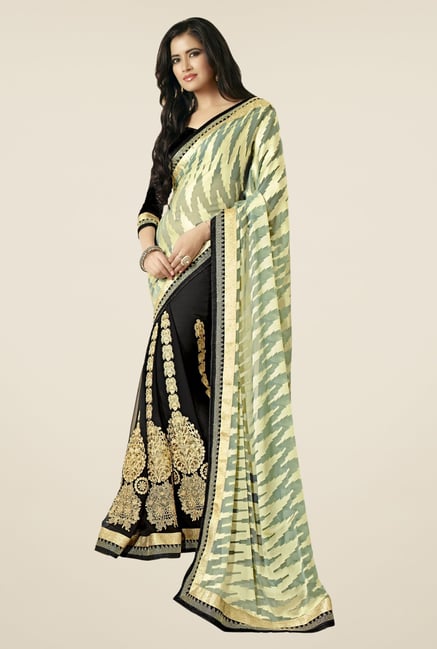 Triveni Black & Beige Embroidered Brasso & Chiffon Saree Triveni Black & Beige Embroidered Brasso & Chiffon Saree