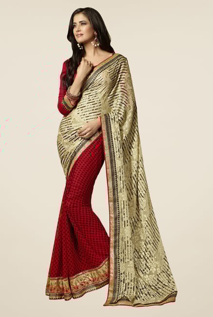 Triveni Red & Beige Printed Brasso & Chiffon Saree Triveni Red & Beige Printed Brasso & Chiffon Saree