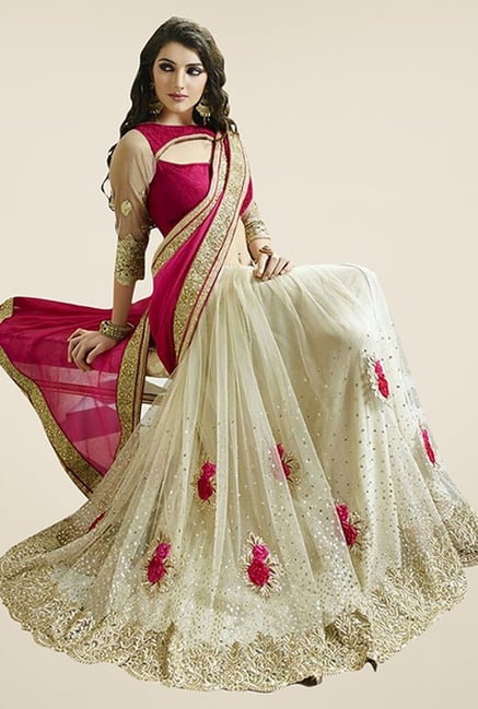 Triveni Beige & Magenta Embroidered Raw Silk Saree Triveni Beige & Magenta Embroidered Raw Silk Saree