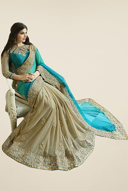 Triveni Beige & Turquoise Embroidered Faux Georgette Saree Triveni Beige & Turquoise Embroidered Faux Georgette Saree