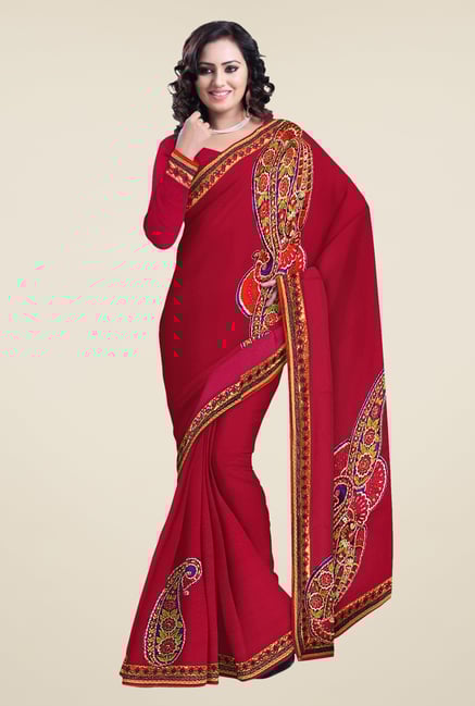Triveni Red Embroidered Jacquard & Crepe Saree Triveni Red Embroidered Jacquard & Crepe Saree