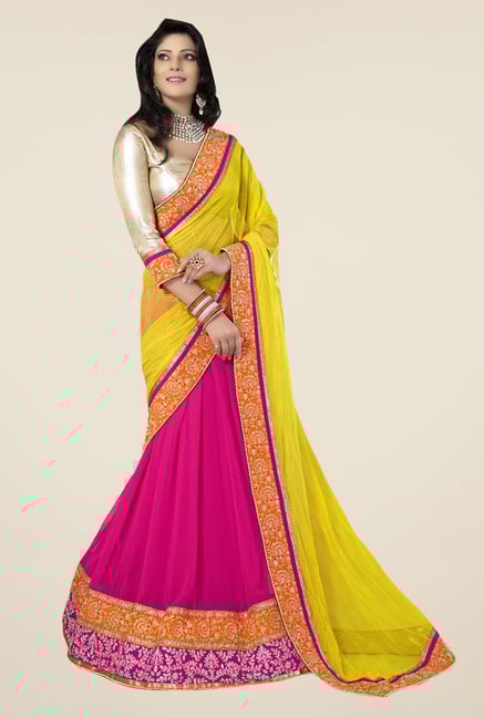 Triveni Pink & Yellow Embroidered Faux Georgette Saree Triveni Pink & Yellow Embroidered Faux Georgette Saree
