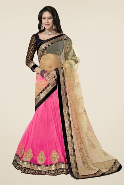 Triveni Pink & Beige Embroidered Net Saree Triveni Pink & Beige Embroidered Net Saree