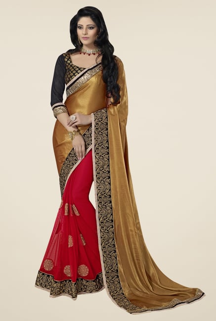 Triveni Red & Gold Embroidered Faux Georgette Satin Saree Triveni Red & Gold Embroidered Faux Georgette Satin Saree