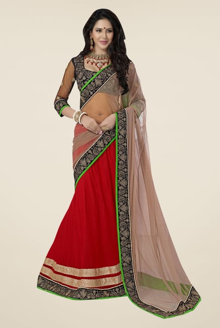 Triveni Red & Beige Embroidered Net Saree Triveni Red & Beige Embroidered Net Saree