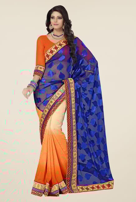 Triveni Orange & Blue Printed Brasso Saree Triveni Orange & Blue Printed Brasso Saree