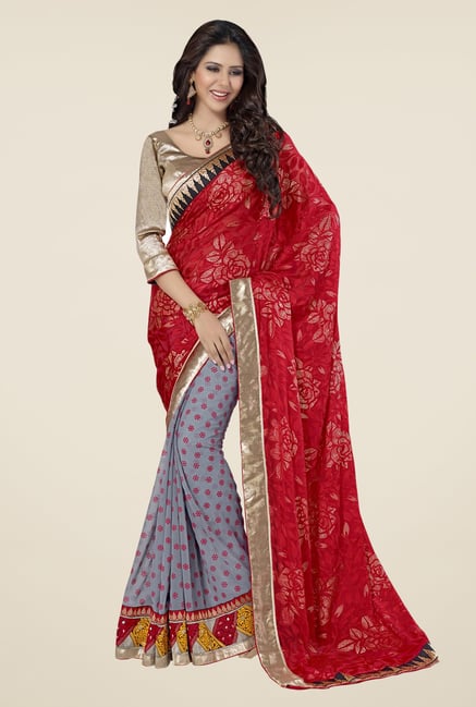 Triveni Grey & Red Printed Brasso Saree Triveni Grey & Red Printed Brasso Saree