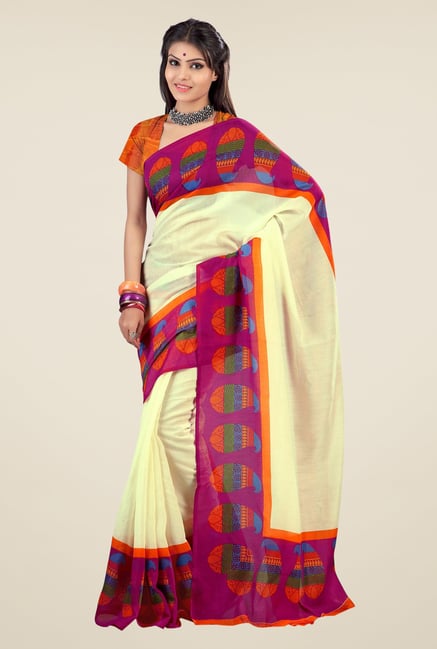 Triveni Cream & Purple Paisley Print Art Silk Saree Triveni Cream & Purple Paisley Print Art Silk Saree