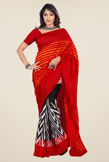Triveni Black & Red Printed Art Silk Saree Triveni Black & Red Printed Art Silk Saree