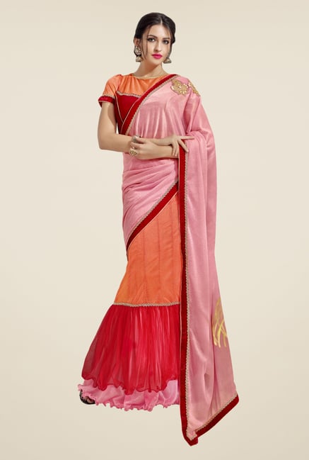 Triveni Orange & Red Solid Lycra Lehenga Saree Triveni Orange & Red Solid Lycra Lehenga Saree