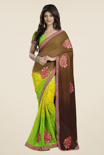 Triveni Yellow & Brown Printed Faux Georgette Saree Triveni Yellow & Brown Printed Faux Georgette Saree