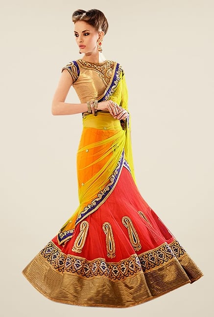 Triveni Yellow & Peach Embroidered Net Saree Triveni Yellow & Peach Embroidered Net Saree