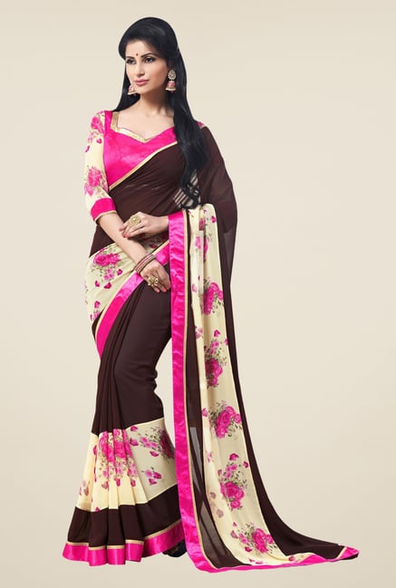 Triveni Brown & Pink Printed Faux Georgette Saree Triveni Brown & Pink Printed Faux Georgette Saree